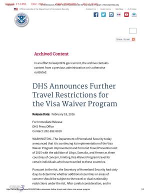 DHS Announces Further Travel Restrictions for the Visa Waiver Program