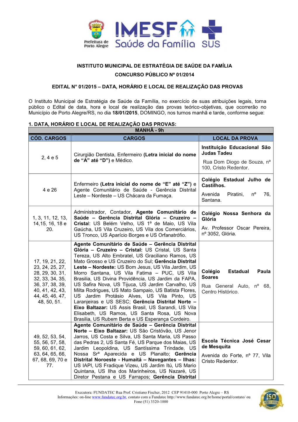 Instituto Municipal De Estratégia De Saúde Da Família Concurso Público Nº 01/2014