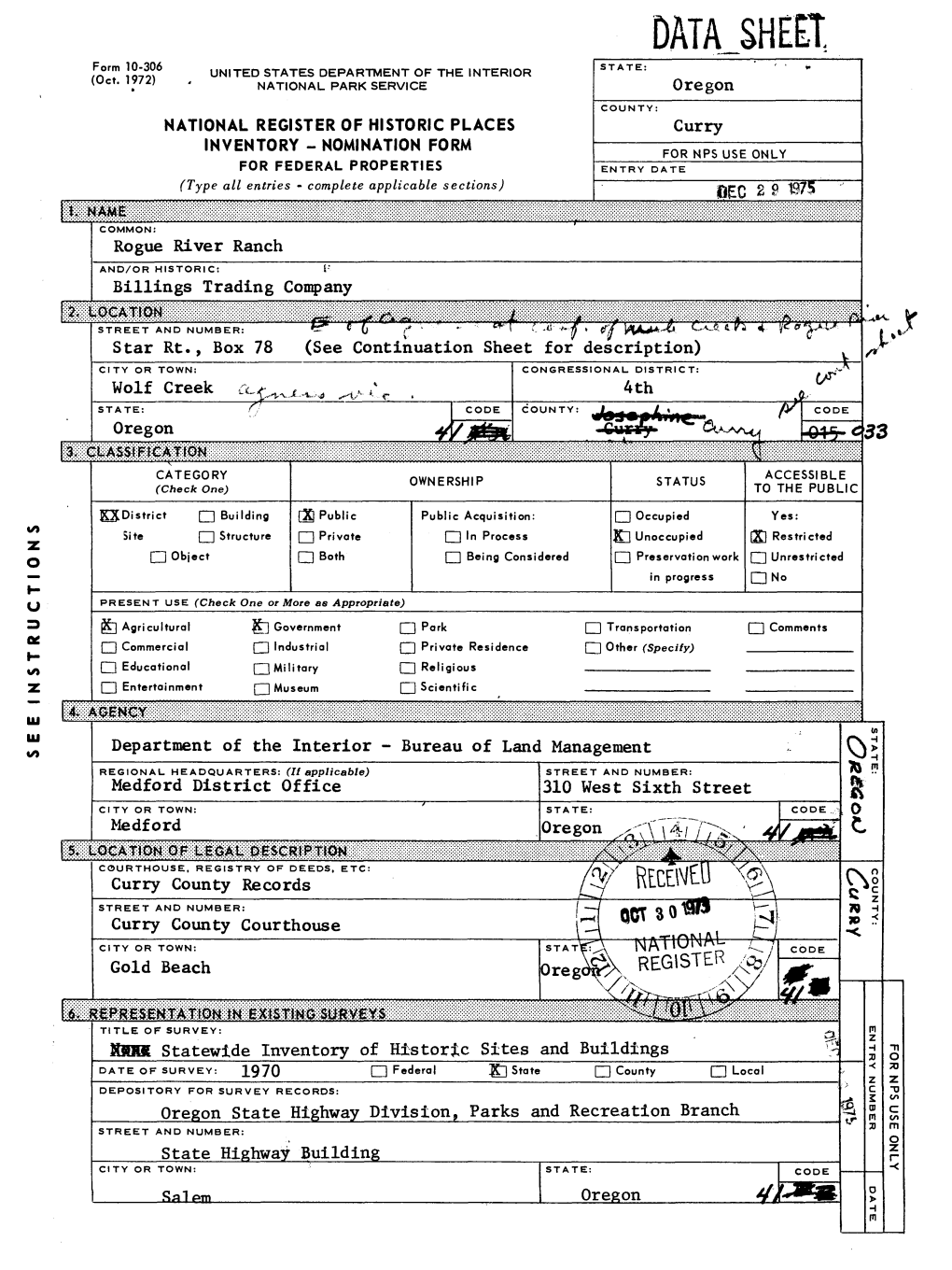 DATA SHEET, Form 10-306 UNITED STATES DEPARTMENT of the INTERIOR (Oct