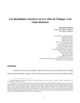 Las Identidades Colectivas En Los Altos De Chiapas: Una Visión Histórica