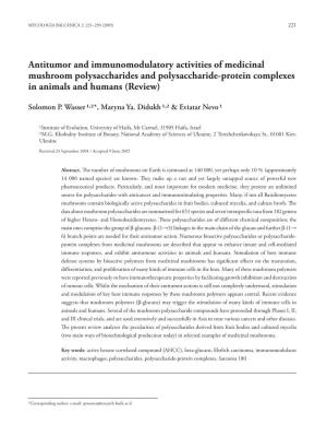 Antitumor and Immunomodulatory Activities of Medicinal Mushroom Polysaccharides and Polysaccharide-Protein Complexes in Animals and Humans (Review)