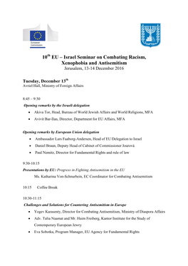 Israel Seminar on Combating Racism, Xenophobia and Antisemitism Jerusalem, 13-14 December 2016