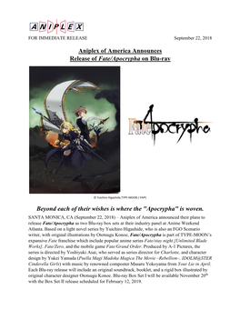 Aniplex of America Announces Release of Fate/Apocrypha on Blu-Ray