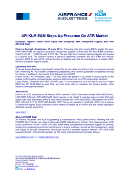 AFI KLM E&M Steps up Presence on ATR Market