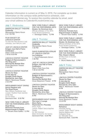 Lincoln Center July 2015 Calendar of Events