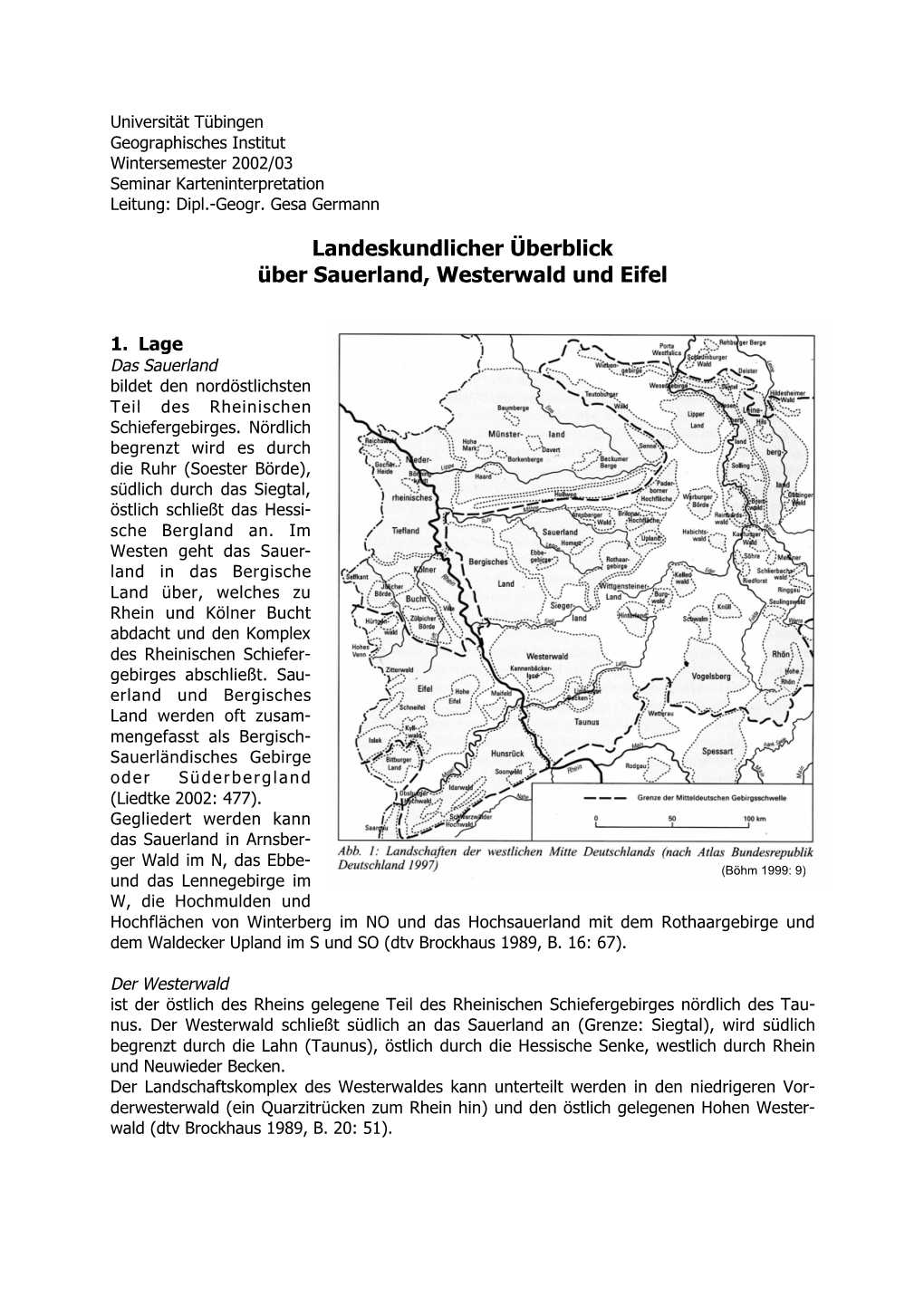 Landeskundlicher Überblick Über Sauerland, Westerwald Und Eifel