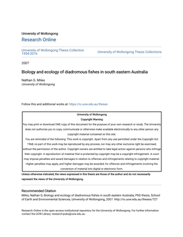 Biology and Ecology of Diadromous Fishes in South Eastern Australia, Phd Thesis, School of Earth and Environmental Sciences, University of Wollongong, 2007