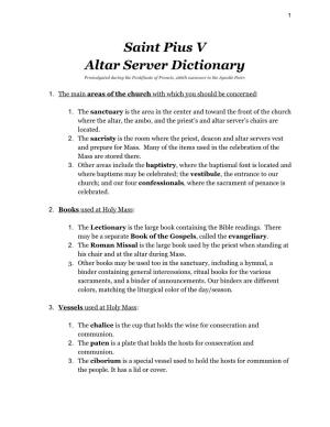 Saint Pius V Altar Server Dictionary Promulgated During the Pontificate of Francis, 266Th Successor to the Apostle Peter