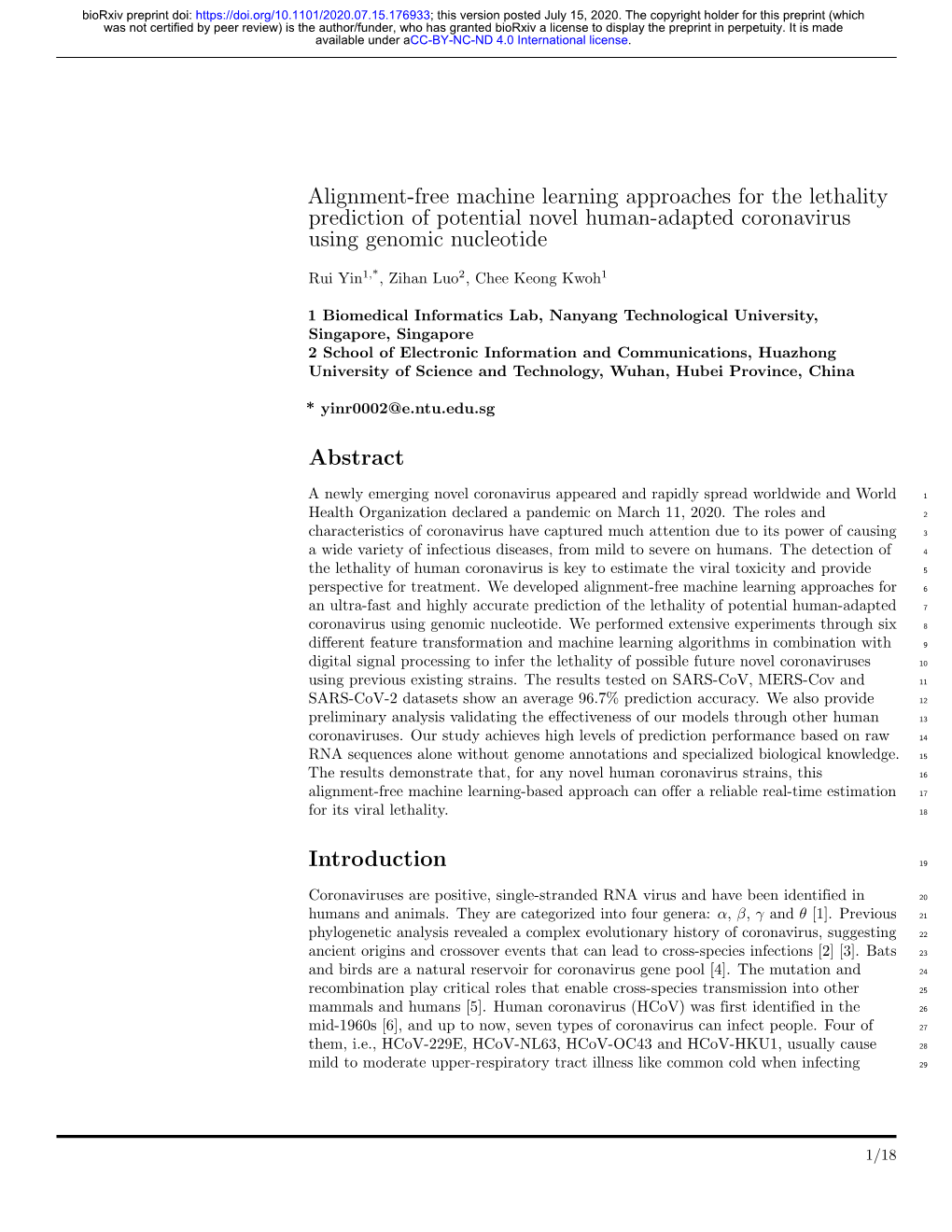 Alignment-Free Machine Learning Approaches for the Lethality Prediction of Potential Novel Human-Adapted Coronavirus Using Genomic Nucleotide