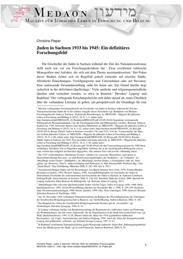 Juden in Sachsen 1933 Bis 1945: Ein Defizitäres Forschungsfeld1
