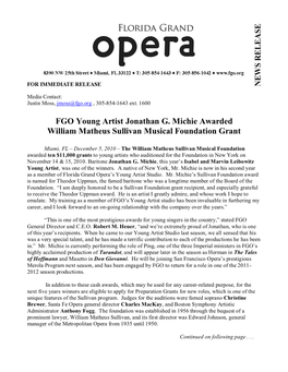 FGO Young Artist Jonathan G. Michie Awarded William Matheus Sullivan Musical Foundation Grant