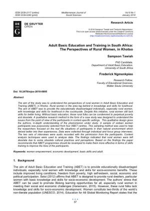 Adult Basic Education and Training in South Africa: the Perspectives of Rural Women, in Khotso