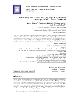 Estimating the Strength of the Impact of Rushing Attempt in NFL Game Outcomes Abstract