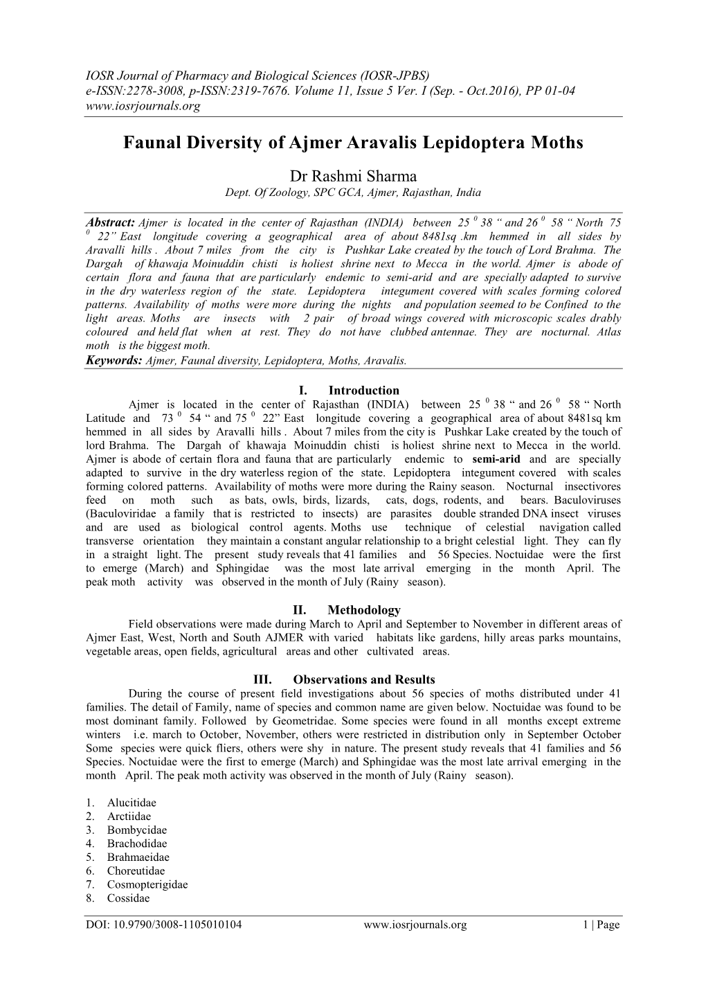 Faunal Diversity of Ajmer Aravalis Lepidoptera Moths