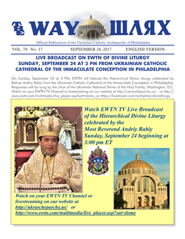 Live Broadcast on Ewtn of Divine Liturgy Sunday, September 24 at 3 Pm from Ukrainian Catholic Cathedral of the Immaculate Conception in Philadelphia
