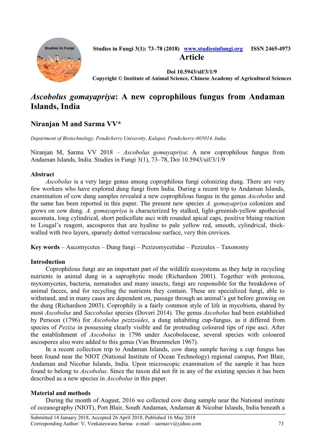 Ascobolus Gomayapriya: a New Coprophilous Fungus from Andaman Islands, India