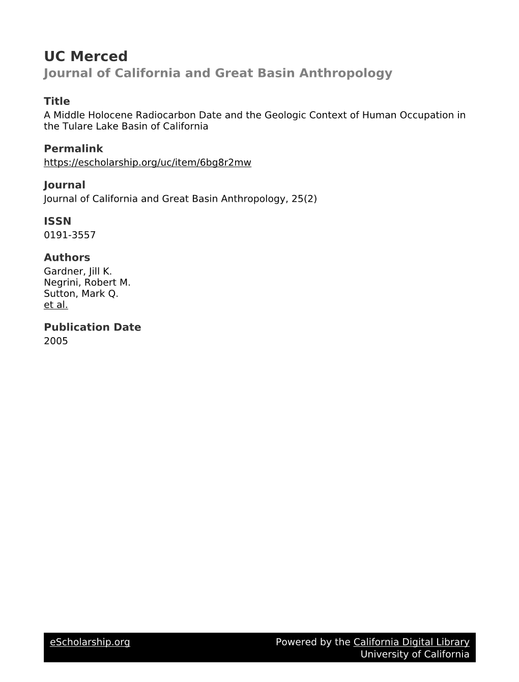 A Middle Holocene Radiocarbon Date and the Geologic Context of Human Occupation in the Tulare Lake Basin of California