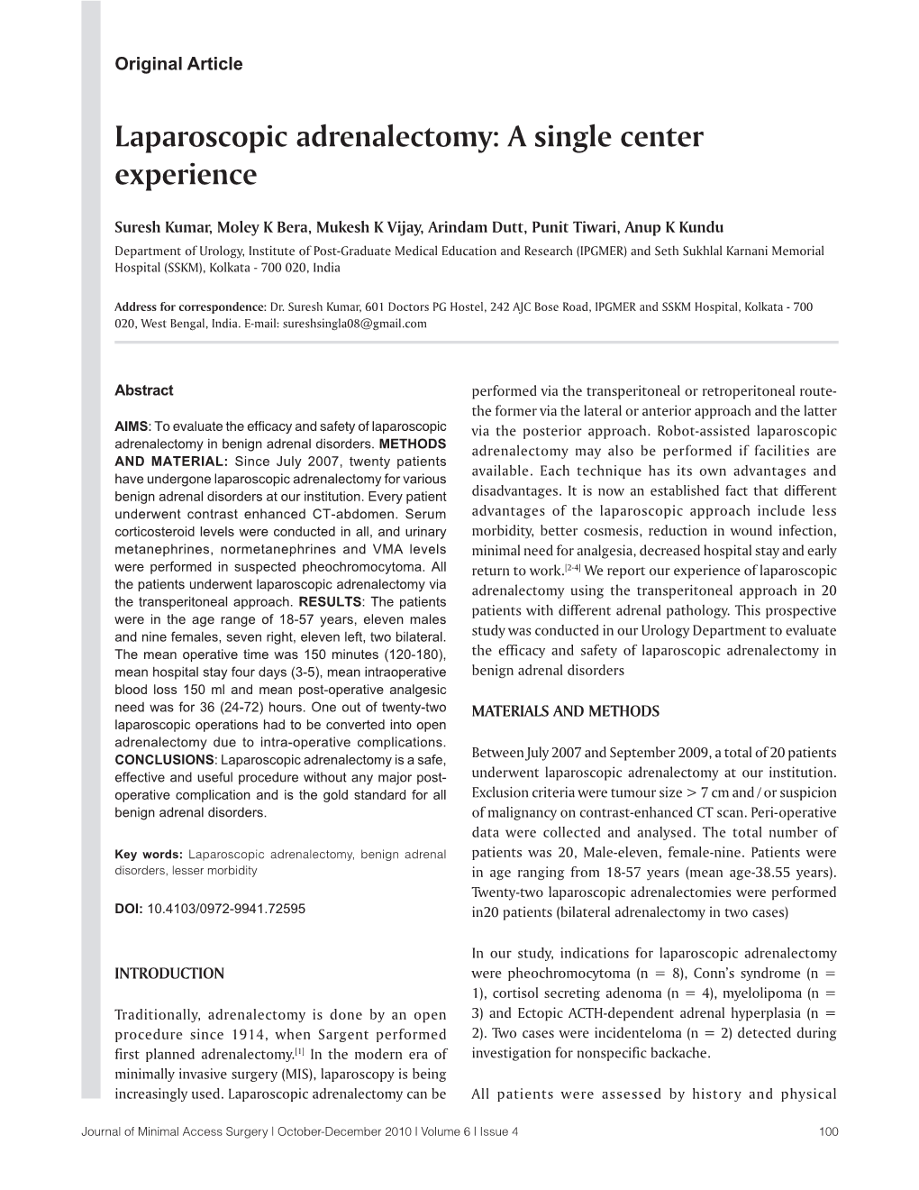 Laparoscopic Adrenalectomy: a Single Center Experience