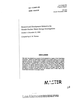 Research and Development Related to the Nevada Nuclear Waste Storage Investigations