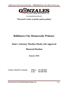 Baltimore City Survey Results – EMBARGO Jan. 20, 2016 12:01 A.M