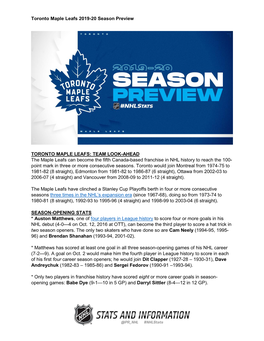 Toronto Maple Leafs 2019-20 Season Preview