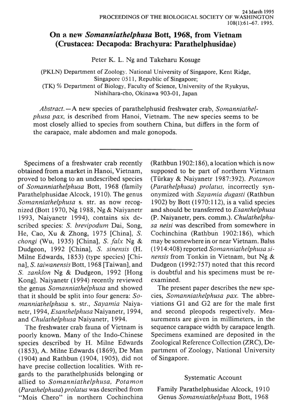 On a New Somanniathelphusa Bott, 1968, from Vietnam (Crustacea: Decapoda: Brachyura: Parathelphusidae)