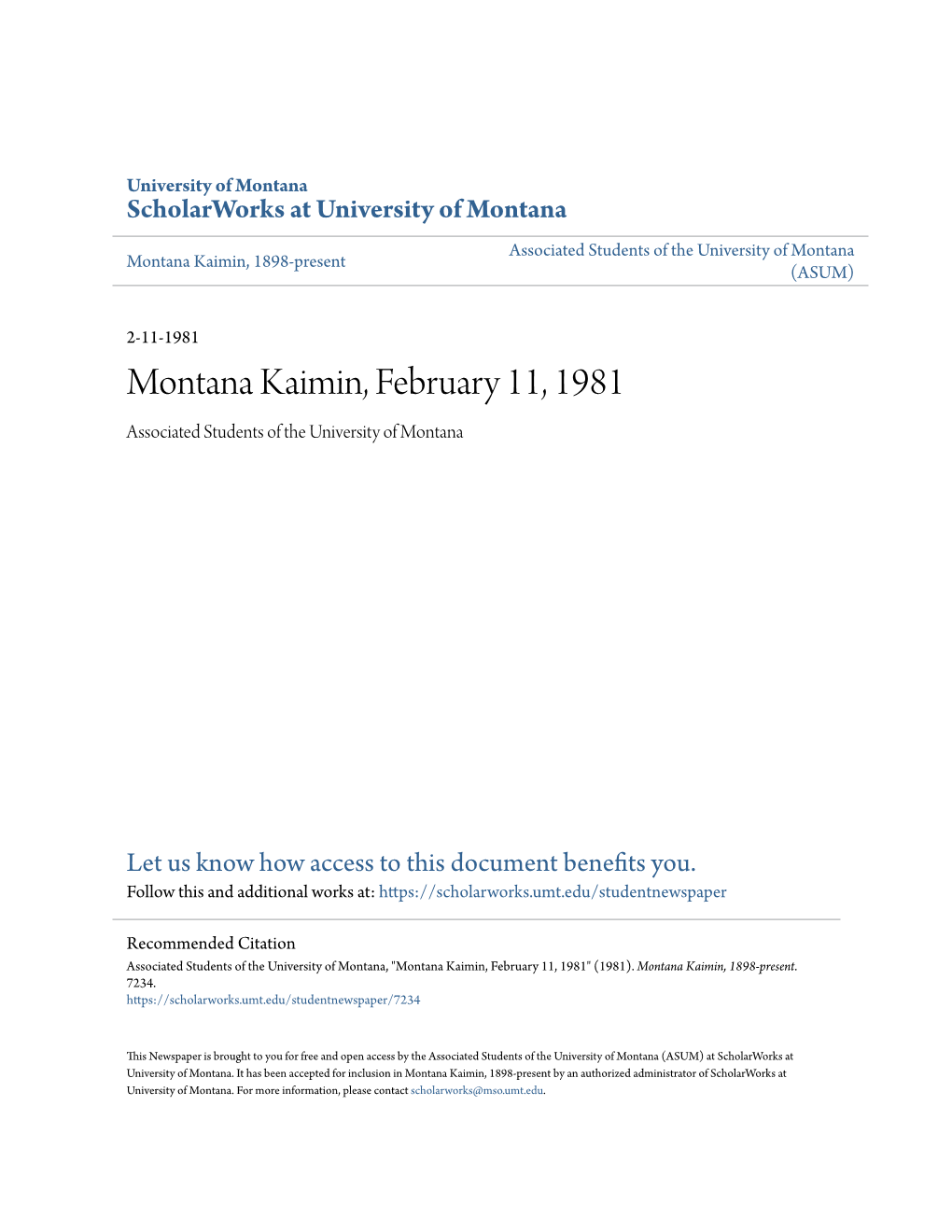 Montana Kaimin, February 11, 1981 Associated Students of the University of Montana