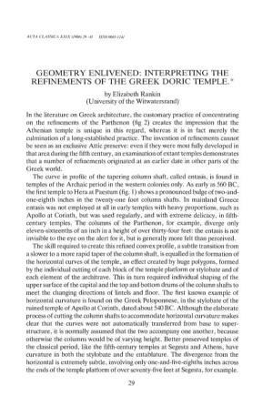 GEOMETRY ENLIVENED: INTERPRETING the REFINEMENTS of the GREEK DORIC TEMPLE.* by Elizabeth Rankin (University of the Witwatersrand)