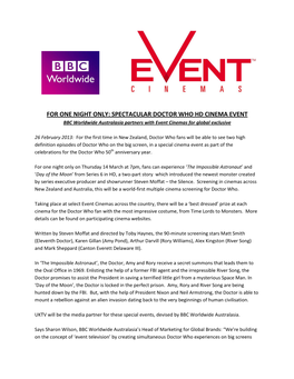 SPECTACULAR DOCTOR WHO HD CINEMA EVENT BBC Worldwide Australasia Partners with Event Cinemas for Global Exclusive