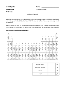 Biochemistry Student Number: Winter 2018 Midterm Exam