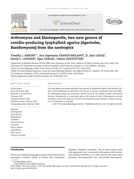 Arthromyces and Blastosporella, Two New Genera of Conidia-Producing Lyophylloid Argarics (Agaricales, Basidiomycota) from the Ne