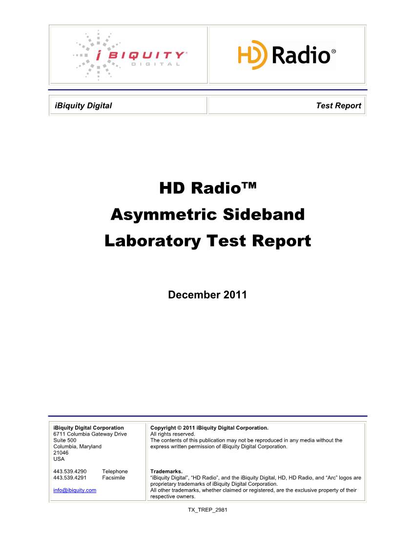 HD Radio Asymmetric Sideband Lab Test Report