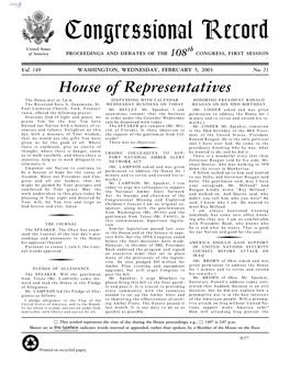 Congressional Record United States Th of America PROCEEDINGS and DEBATES of the 108 CONGRESS, FIRST SESSION