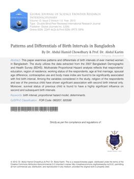 Patterns and Differentials of Birth Intervals in Bangladesh by Dr