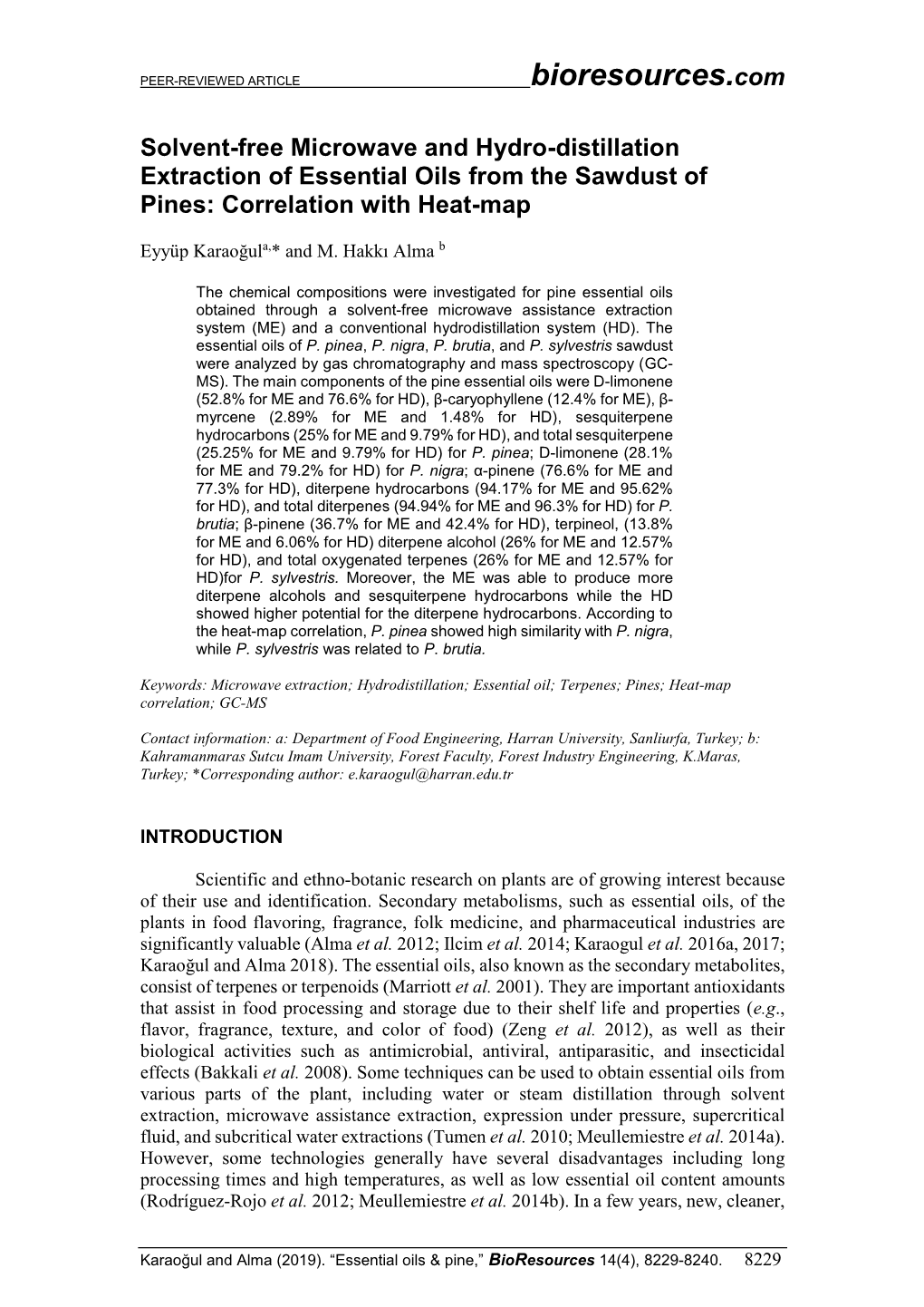 Solvent-Free Microwave and Hydro-Distillation Extraction of Essential Oils from the Sawdust of Pines: Correlation with Heat-Map