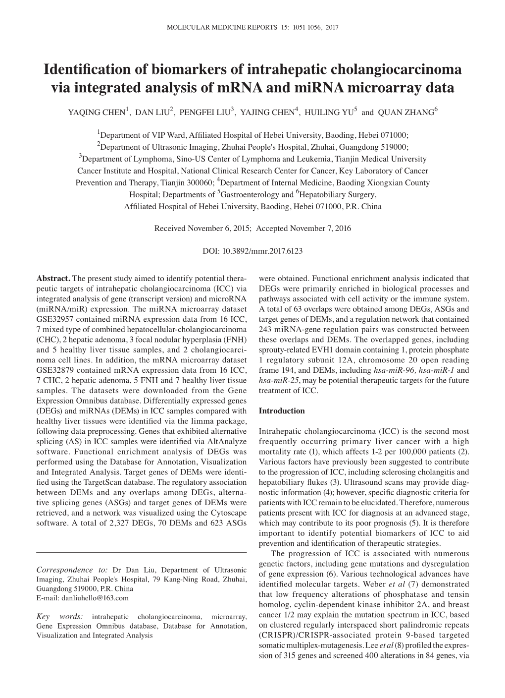 Identification of Biomarkers of Intrahepatic Cholangiocarcinoma Via Integrated Analysis of Mrna and Mirna Microarray Data