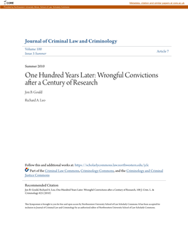 Wrongful Convictions After a Century of Research Jon B