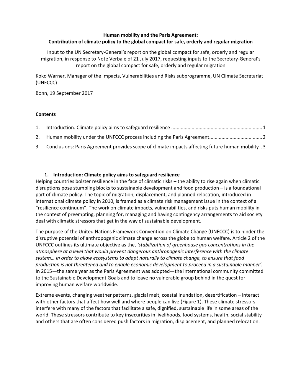 Human Mobility and the Paris Agreement: Contribution of Climate Policy to the Global Compact for Safe, Orderly and Regular Migr