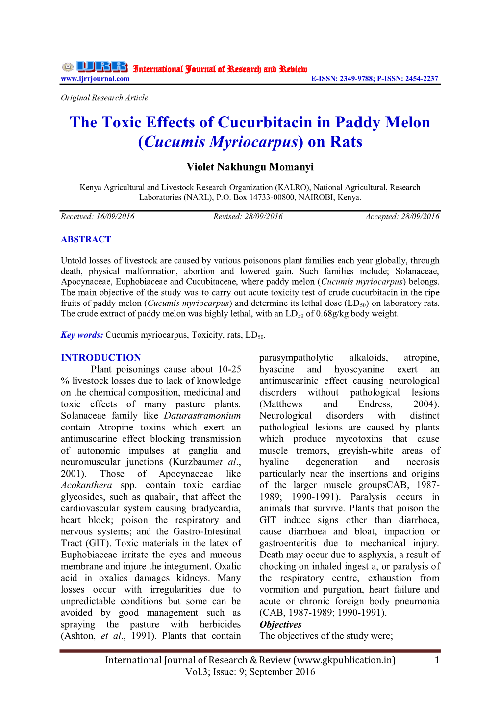 The Toxic Effects of Cucurbitacin in Paddy Melon (Cucumis Myriocarpus) on Rats