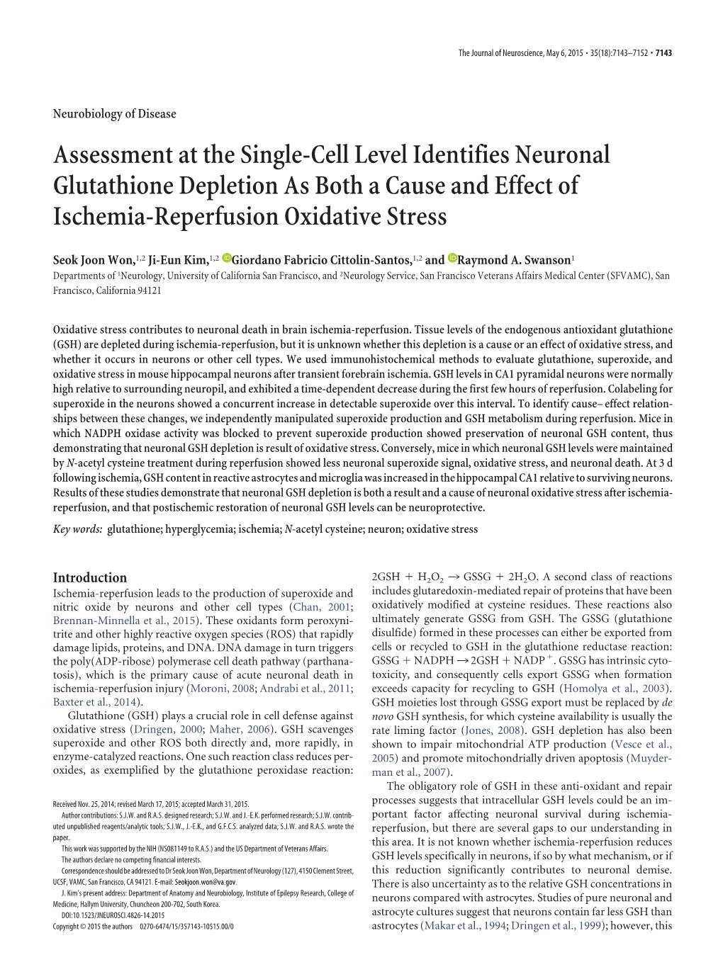 Assessment at the Single-Cell Level Identifies Neuronal Glutathione Depletion As Both a Cause and Effect of Ischemia-Reperfusion Oxidative Stress