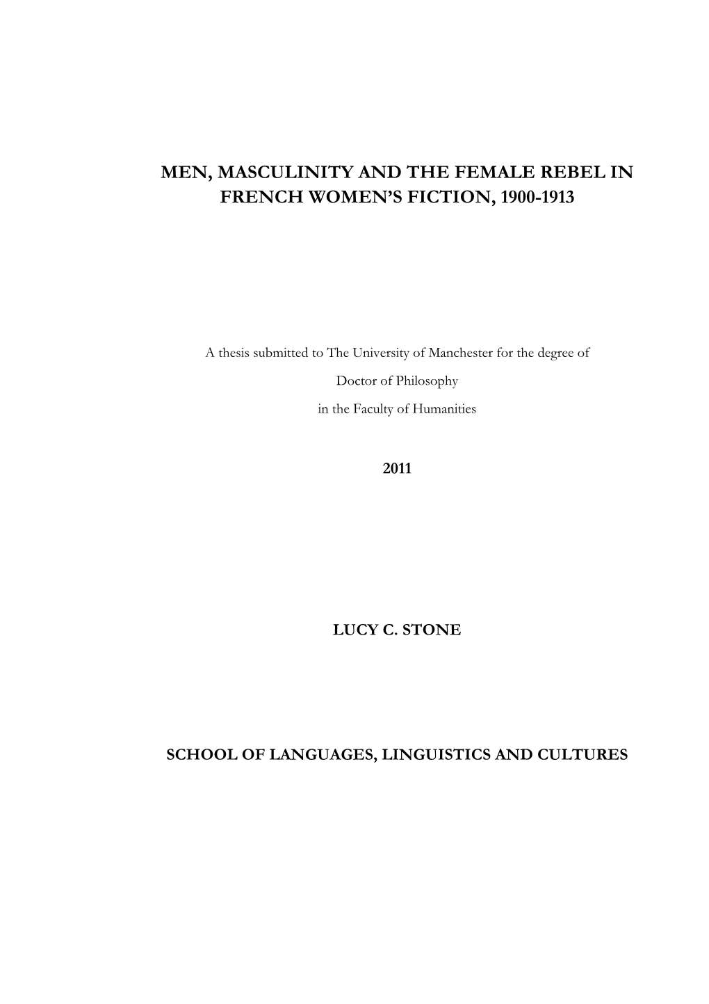 Men, Masculinity and the Female Rebel in French Women's Fiction