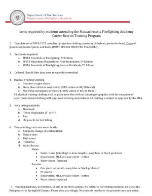 Items Required by Students Attending the Massachusetts Firefighting Academy Career Recruit Training Program