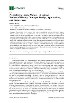 Piezoelectric Inertia Motors—A Critical Review of History, Concepts, Design, Applications, and Perspectives