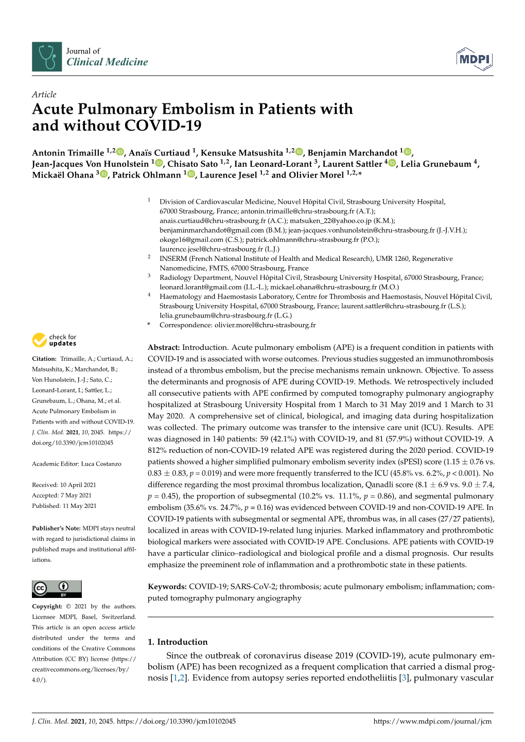 Acute Pulmonary Embolism in Patients with and Without COVID-19