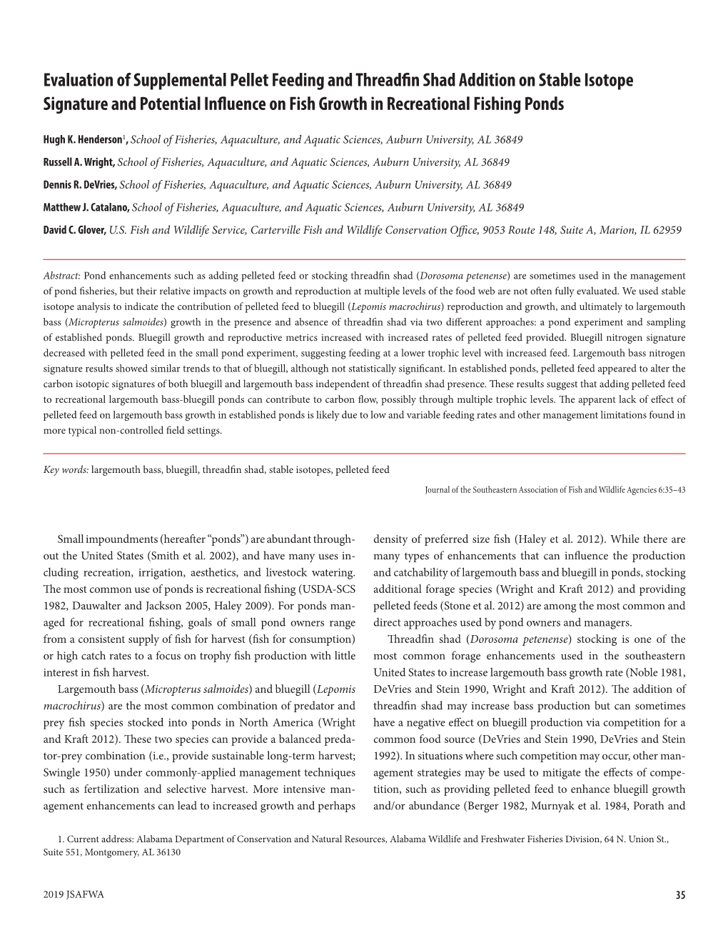 Evaluation of Supplemental Pellet Feeding and Threadfin Shad Addition on Stable Isotope Signature and Potential Influence on Fish Growth in Recreational Fishing Ponds