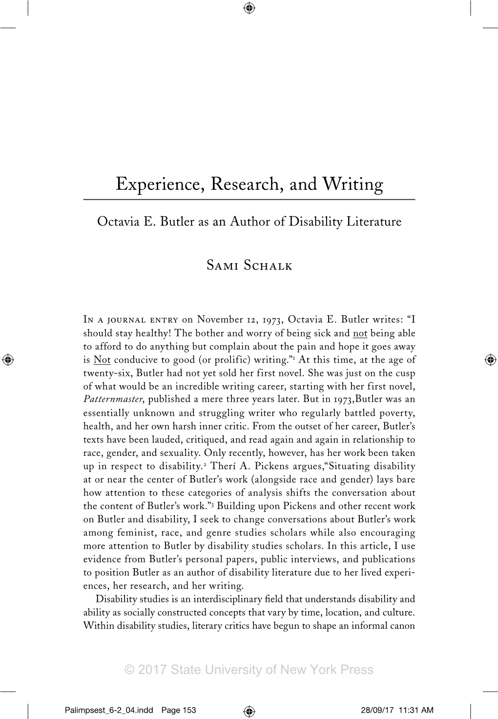 Experience, Research, and Writing: Octavia E. Butler As an Author Of