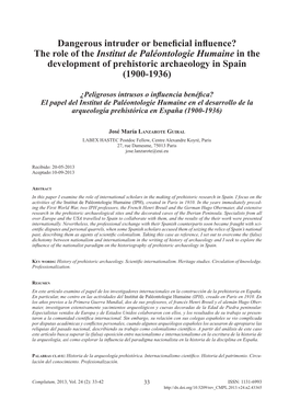Dangerous Intruder Or Beneficial Influence? the Role of the Institut De Paléontologie Humaine in the Development of Prehistoric Archaeology in Spain (1900-1936)