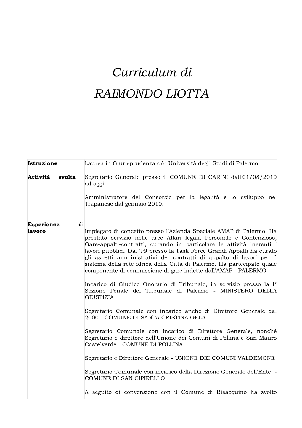 Curriculum Di RAIMONDO LIOTTA