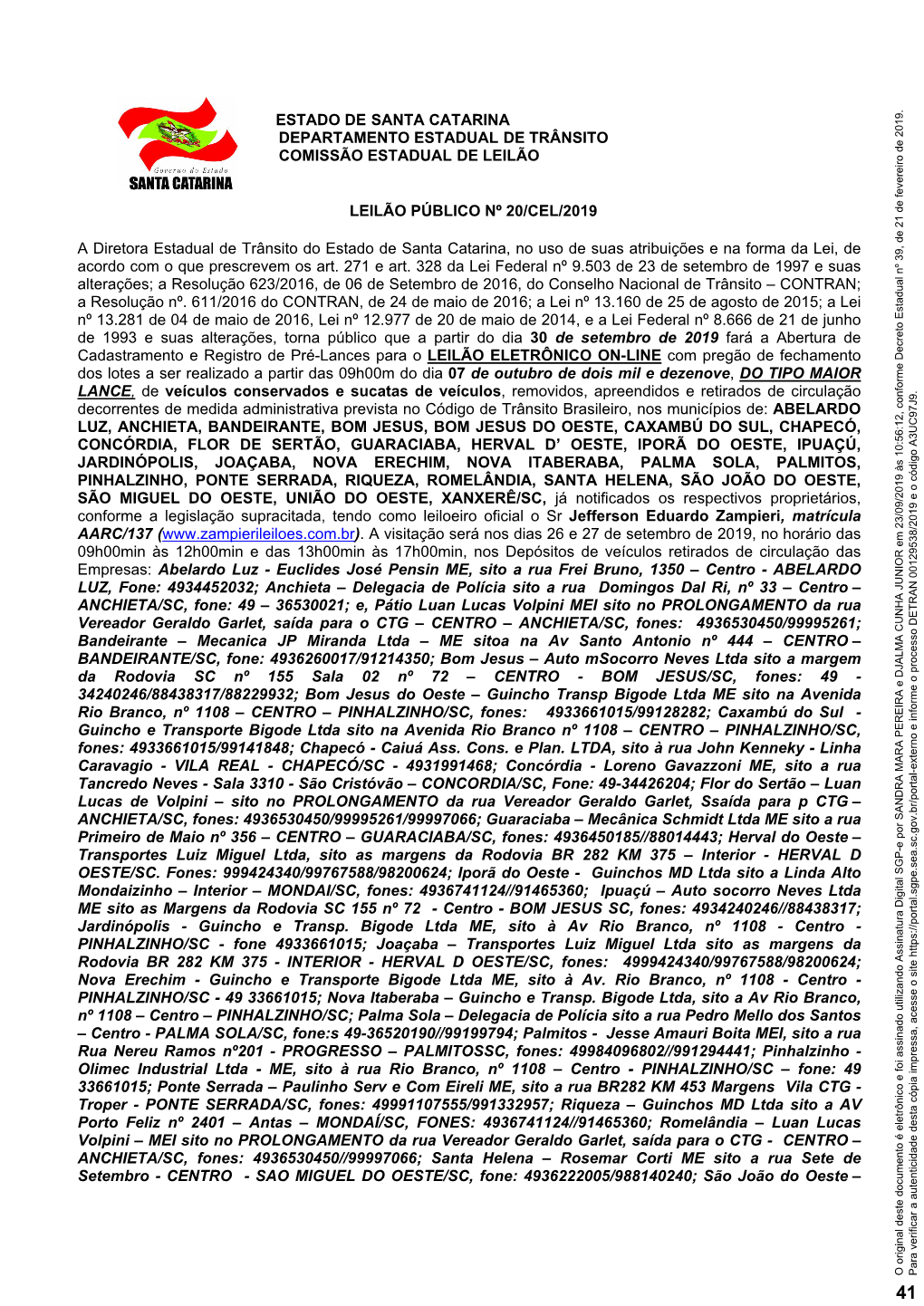 Estado De Santa Catarina Departamento Estadual De Trânsito Comissão Estadual De Leilão