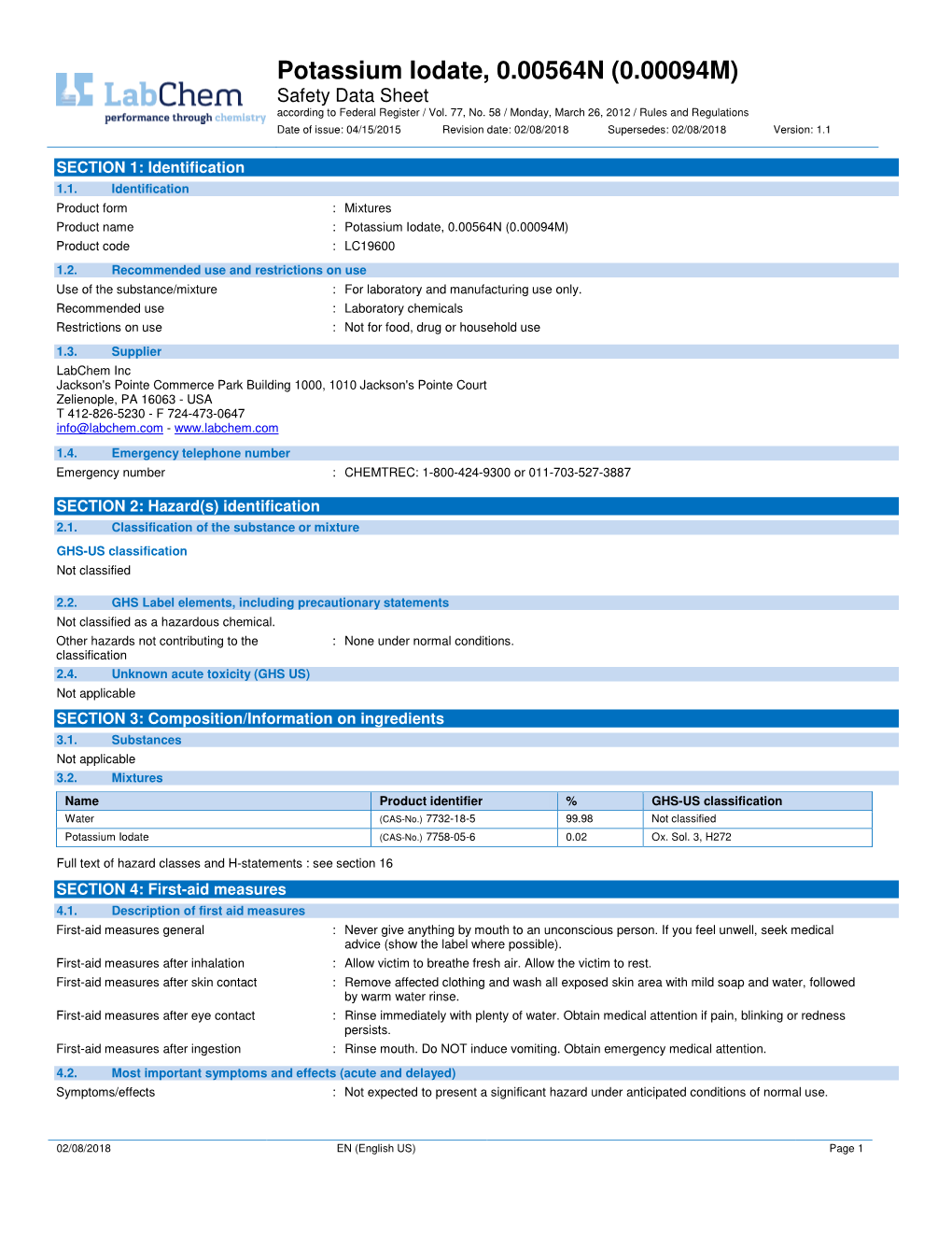 Potassium Iodate, 0.00564N (0.00094M) Safety Data Sheet According to Federal Register / Vol